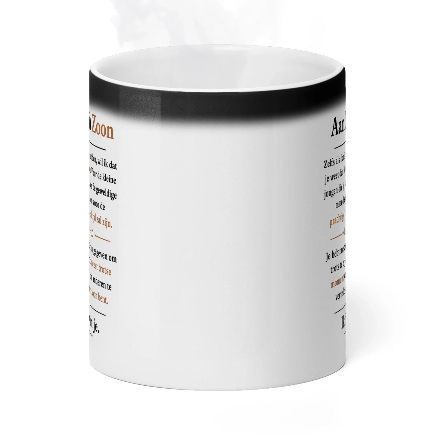 Viewed from the front, hot mug with design revealed.