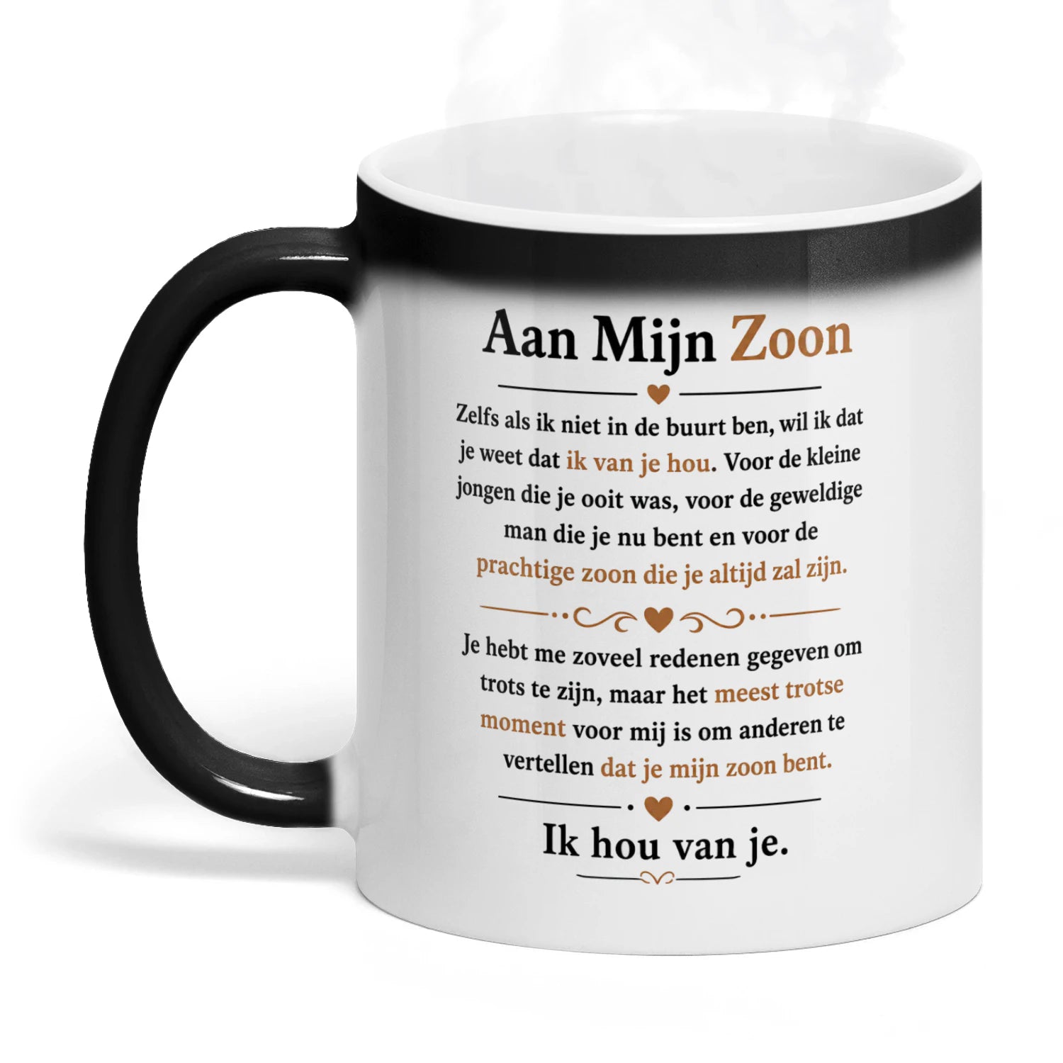 Viewed with the handle on the left, hot mug with design revealed.