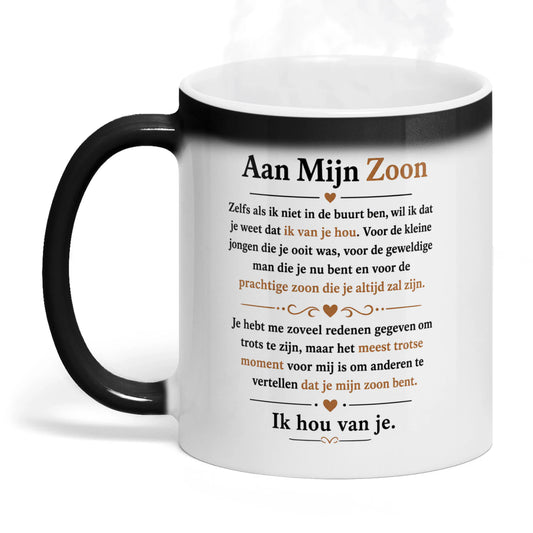 Viewed with the handle on the left, hot mug with design revealed.