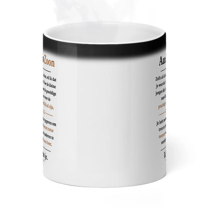 Viewed from the front, hot mug with design revealed.