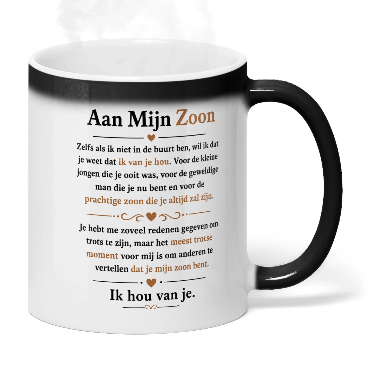 Viewed with the handle on the right, hot mug with design revealed.