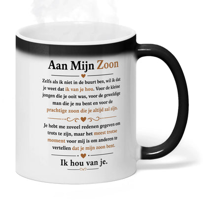 Viewed with the handle on the right, hot mug with design revealed.